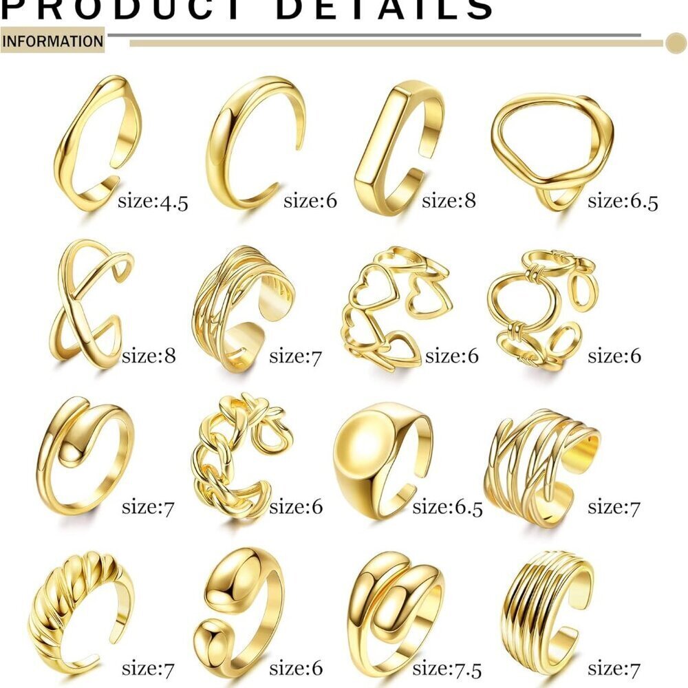 Gold Ring Set 16 Pcs Adjustable Chunky Dome Stackable Jewelry for Women - Picture 8 of 9